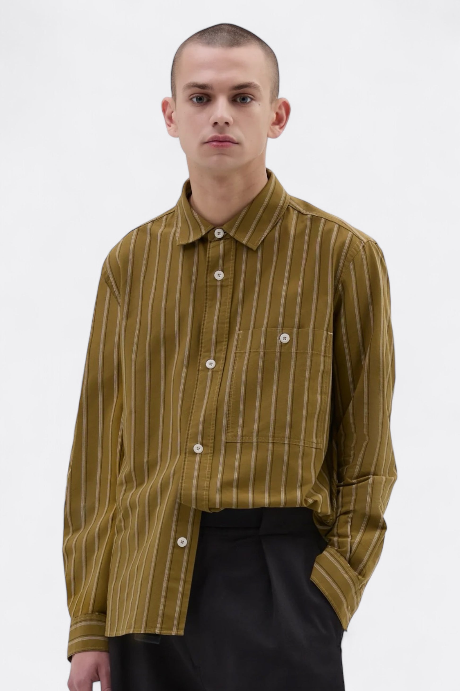 Chemise Margaret Howell - MHL. Overall Shirt Offset Cotton Stripe (Light Olive / Off White)