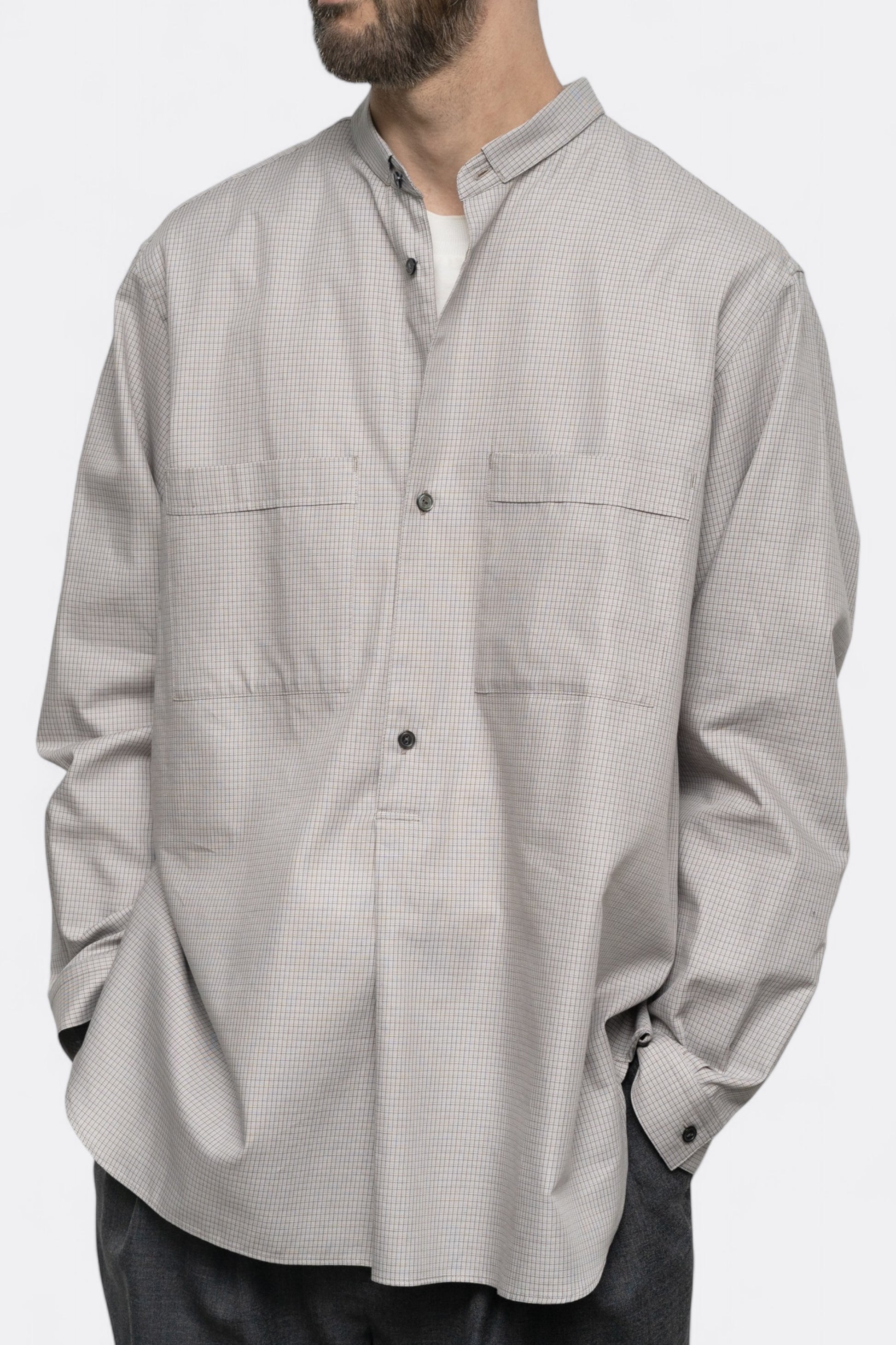 Chemise Still By Hand - Narrow Collar Pullover Shirt (Blue Check)