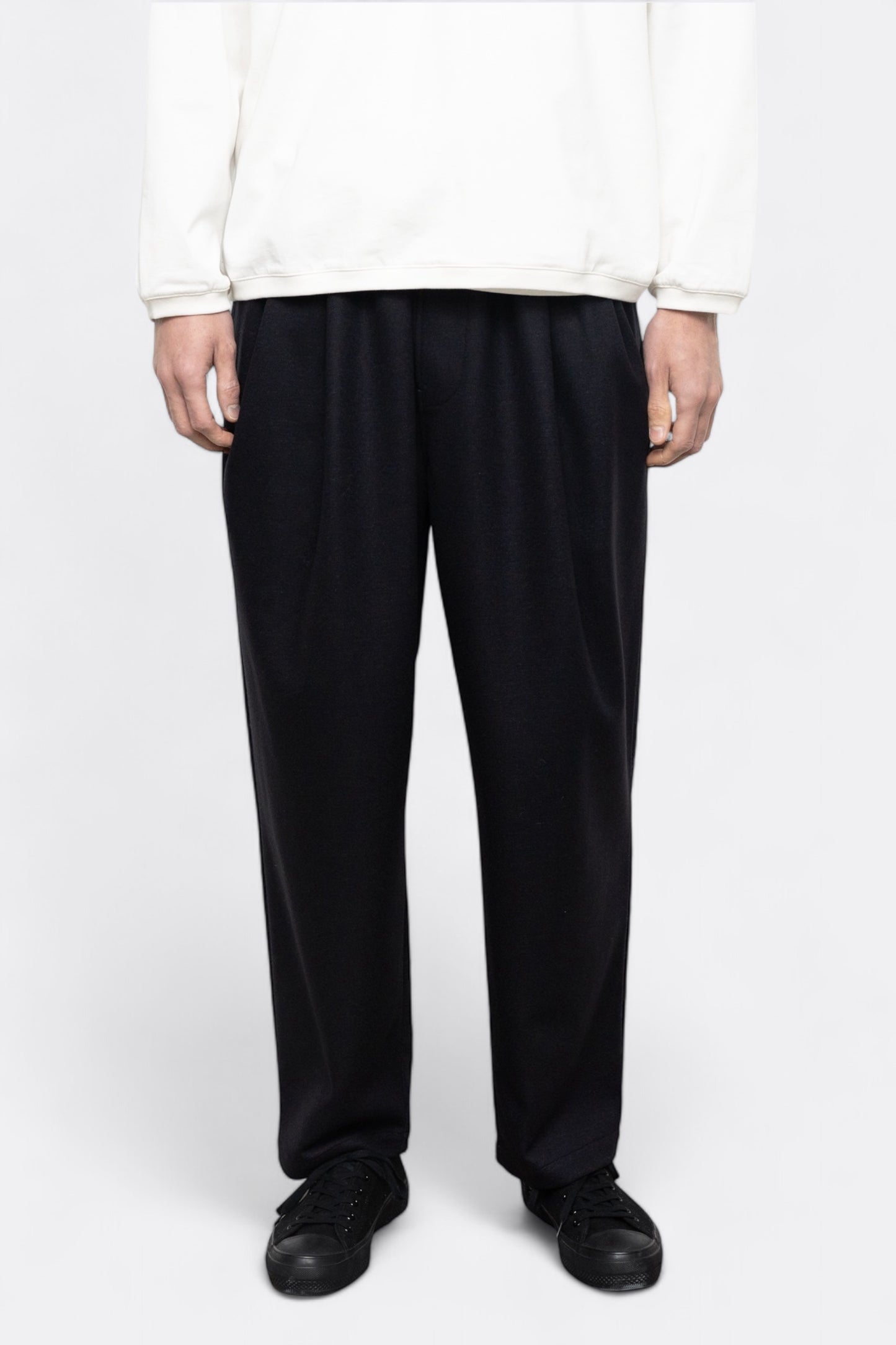 Pantalon Laine Still By Hand - Wool Jersey Two Tuck Pants (Black Navy)