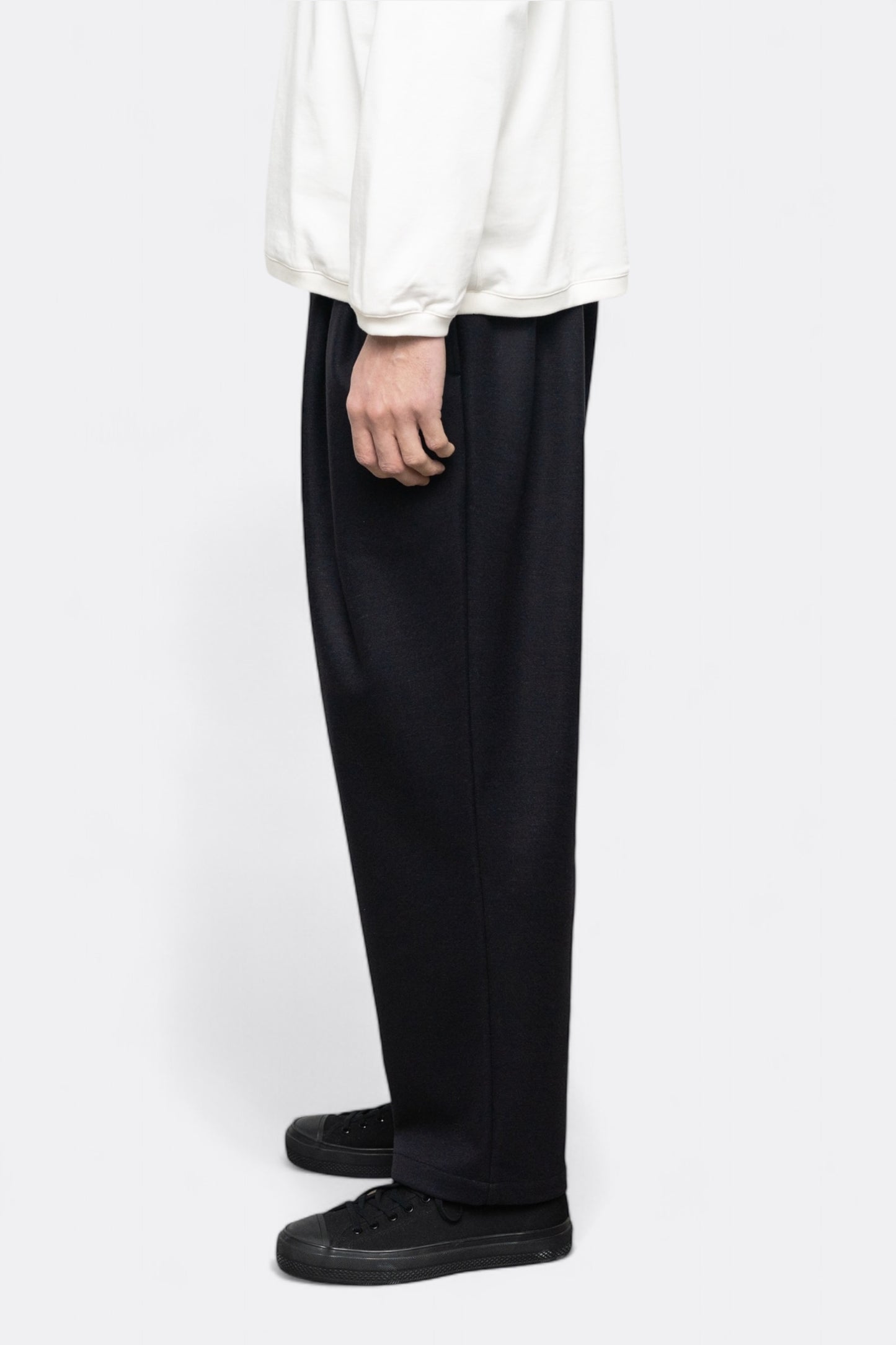 Pantalon Laine Still By Hand - Wool Jersey Two Tuck Pants (Black Navy)